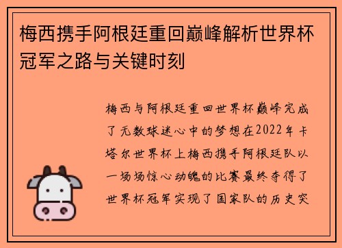 梅西携手阿根廷重回巅峰解析世界杯冠军之路与关键时刻