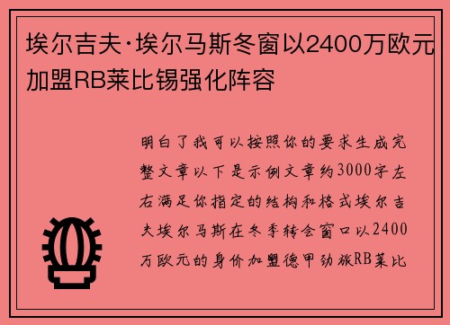 埃尔吉夫·埃尔马斯冬窗以2400万欧元加盟RB莱比锡强化阵容